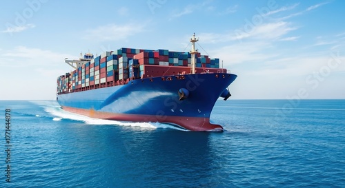 A large container ship sailing on the open ocean. International freight transportation for global trade and logistics concept © Vasiliy