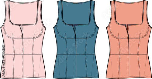 Collection of women's sleeveless corset style tops with a square neckline. Detailed fashion design technical flat sketch vector illustration template