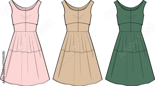 Collection of women's sleeveless tiered sundress fashion flat technical sketches, apparel vector template set in pink, beige, and green