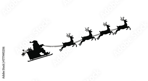 Silhouette of Santa Claus flying in his sleigh pulled by reindeer against a white background