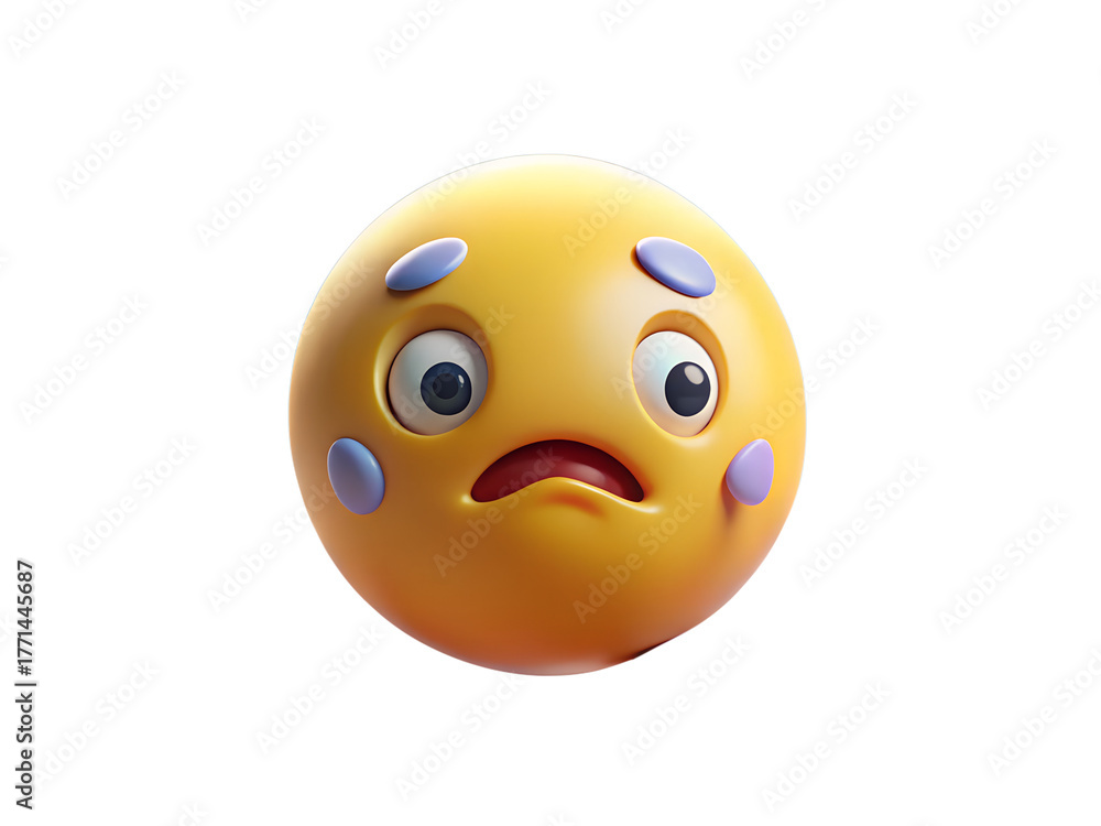 Fototapeta premium Worried and anxious emoji with wide eyes and furrowed brows isolated on transparent background