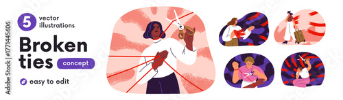 Psychology separation concept of cutting, breaking ties. People getting rid of attachments, ending relationships, releasing, separating. Flat graphic vector illustrations isolated on white background