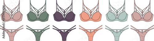 Fashionable lingerie set with multiple color options including a bra and matching underwear, presented as a flat lay
