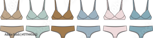 Vector illustration of women's comfortable lingerie sets. Features various bra and panty designs in soft pastel colors, ideal for modern fashion and intimate apparel