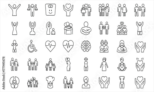 Collection of Line Art Icons Illustrating Diversity, Inclusion, and Well-being for Digital Use