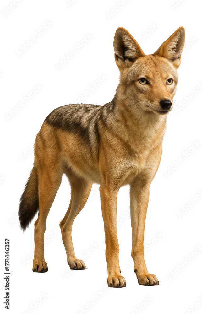 Fototapeta premium Slender-bodied jackal with tawny fur, shown in a standing pose.