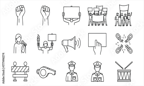 Set of protest icons depicting demonstration, activism, and social justice themes in vector format