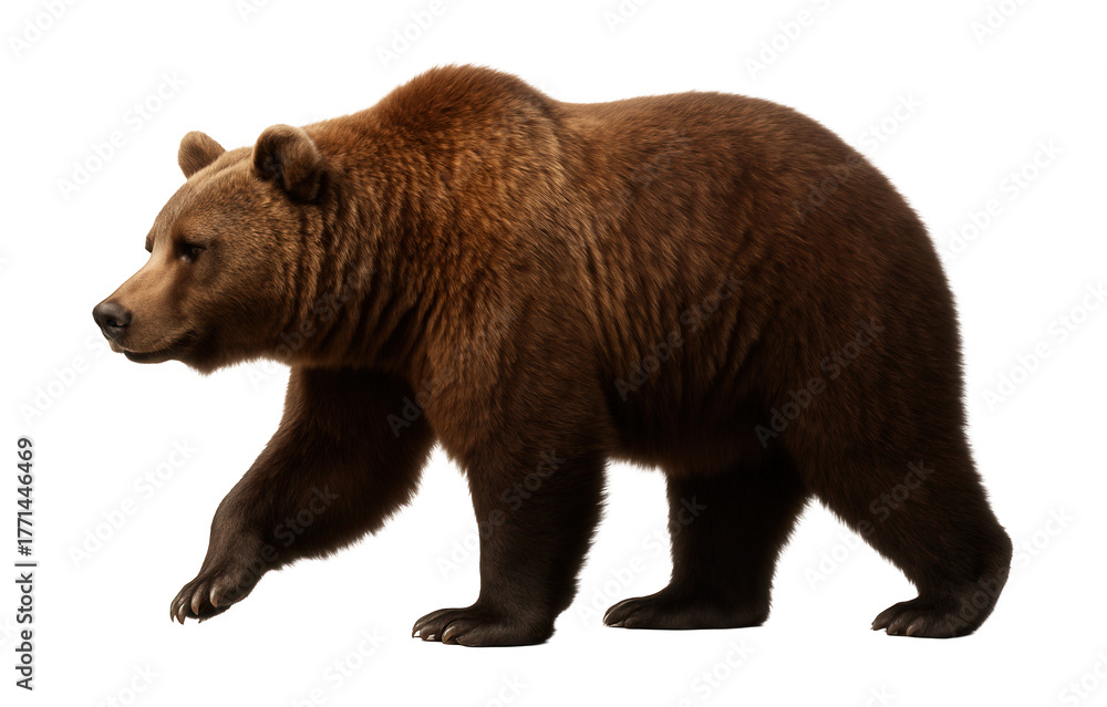Fototapeta premium Side view of a brown bear with thick fur and a noticeable hump.