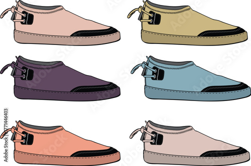 Modern casual slip-on shoes collection with unique buckle details, in various pastel colors. Fashion footwear illustrations for lifestyle design projects