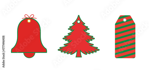 Minimal Christmas Gift Tags Set — Red and Green Holiday Bell, Tree, and Label Vector