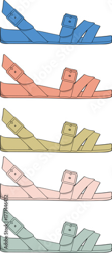 A collection of women's flat strappy sandals in various pastel colors. Vector fashion illustration of summer footwear with buckle straps