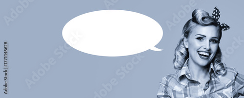 Monochrome black white image - happy smile blond hair woman. Cute pin up pinup girl. Retro vintage ad concept. Isolated grey gray background with white empty mockup speech bubble with free text space