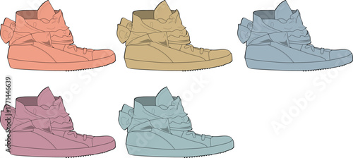 A vibrant collection of six high-top sneakers, each artfully illustrated with elegant bow details and presented in an array of fashionable pastel colors, ideal for footwear design concepts