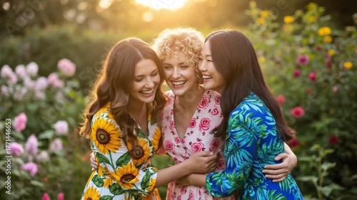 Three happy women in floral dresses standing in a garden smiling