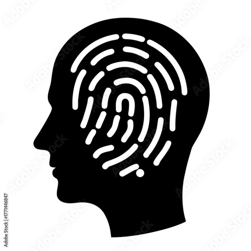 Silhouette of a human head filled with a fingerprint pattern representing identity and uniqueness concept