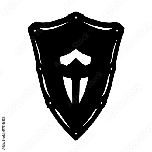Illustration of a black shield with a central emblem and rivet details in a vector graphic style