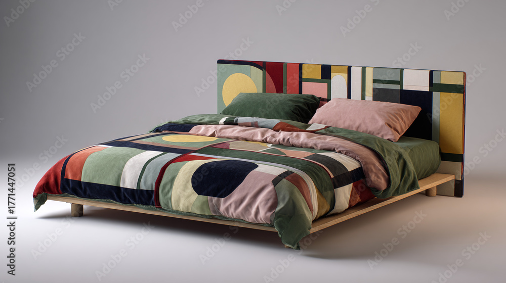 Naklejka premium A stylishly designed bed with a colorful pattern, offering a comfortable and aesthetic appeal. The bed is adorned with cushions, creating a cozy and inviting atmosphere.