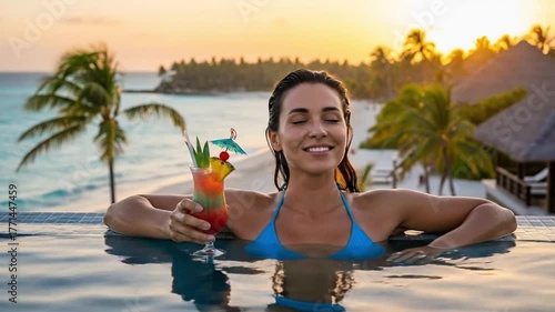 Woman enjoying a cocktail in an infinity pool at sunset on vacation