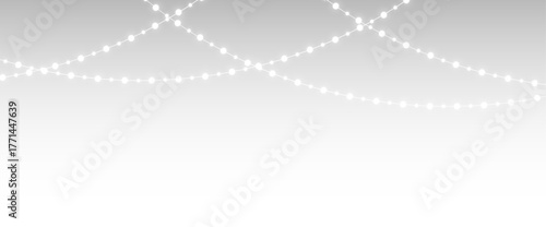 png festive garland with golden bulbs and glowing fairy lights, horizontal vector decoration for birthday party, christmas holiday, new year celebration, or event illustration