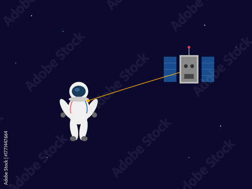Astronaut Conducting Spacewalk with Tether Connected to Solar Panel Satellite Illustration