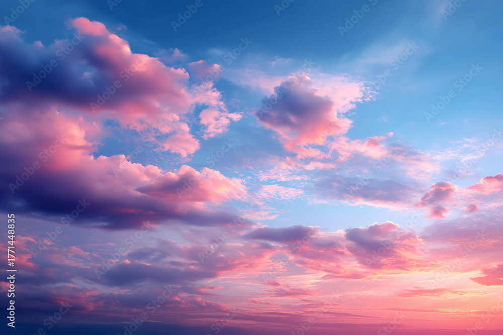 Obraz premium Colorful sunset sky with clouds defocused atmosphere, faceless evening beauty, natural visualization detail, blurred horizon background, divine creation concept, heavenly interface