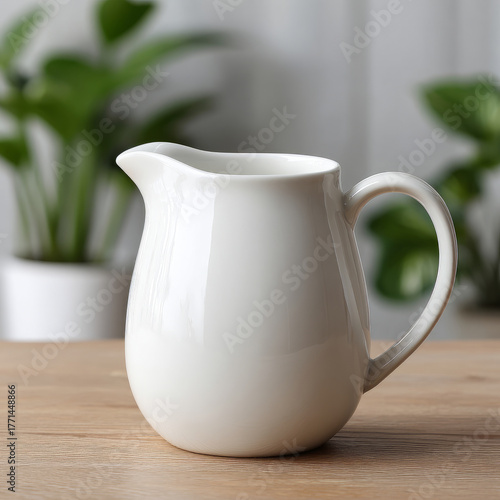 Wallpaper Mural White ceramic pitcher on wooden table with plant background. Torontodigital.ca