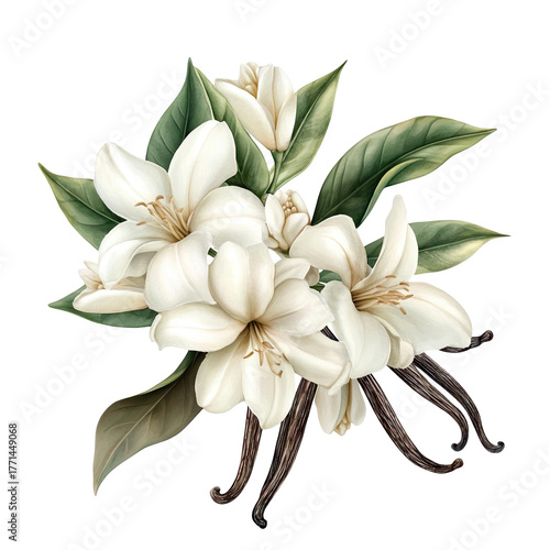 Delicate white magnolia flowers and vanilla bean pods arranged artistically isolated on transparent background