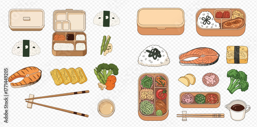 Illustration of Japanese bento boxes and food items, including rice, fish, and vegetables.