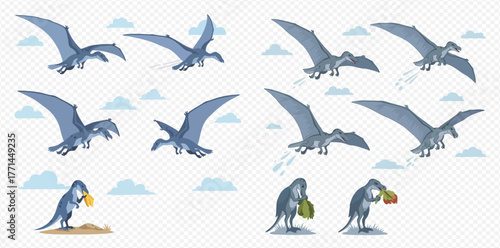 Illustration of Pterodactyls in flight and on the ground with food.