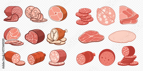 Assortment of cartoon meat products, including ham, salami, and sausage, in various shapes and sizes.