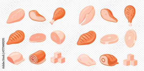Illustration of various cuts of raw and cooked chicken meat, including breast, thigh, drumstick, and diced pieces.