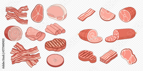 Illustration of various types of meat products, including bacon, steak, and ham.