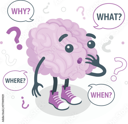 Cartoon brain character with question marks and speech bubbles thinking questioning