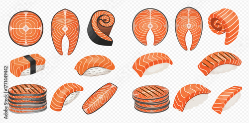 Illustration of various cuts and preparations of salmon, including steaks, rolls, and sushi.