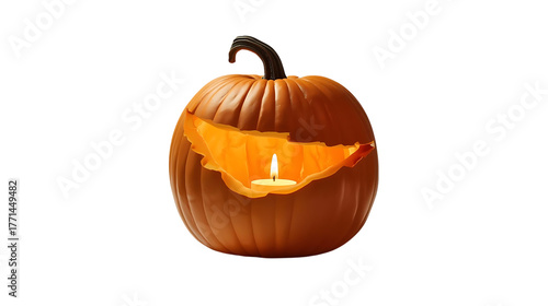 Realistic carved pumpkin with glowing candle inside, transparent background, soft shadow below.