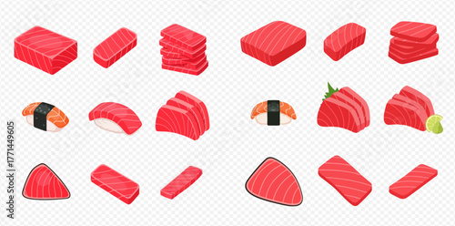 A collection of various tuna sushi and sashimi pieces, showcasing different cuts and presentations.
