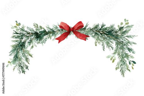 Watercolor carved frame with a chevron bow. Green frame with a fir branch and green leaves. Carved natural decor on a transparent background