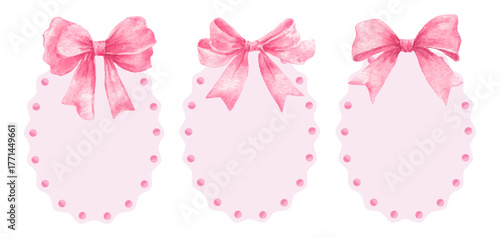 Pink frames coquette with bows. Vintage round borders with watercolor bows. Elegant retro frames drawn by hand. Romantic pink frames.