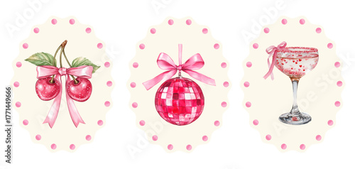 Coquette frames with bows and romantic elements. Cocktail glass with bow, cherries and disco ball. Vintage frames with cute coquette elements. Frames for Valentine's Day.