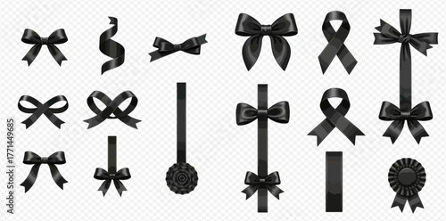 Collection of black ribbons and bows for mourning, grief, or memorial purposes, displayed on a transparent background.