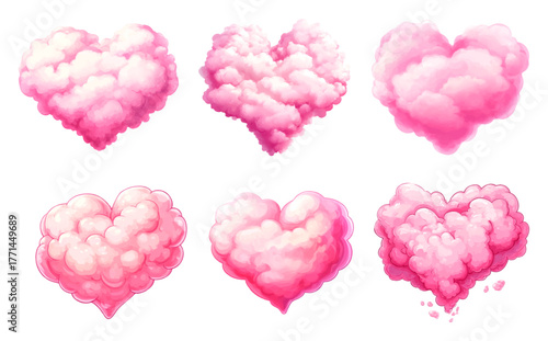Watercolor set of fluffy clouds in the shape of a heart. Pink fluffy hearts from a cloud. Romantic elements of love and romance. Valentine's Day elements. Pink cotton candy in the shape of a heart.
