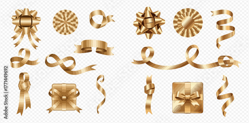 Golden ribbons and bows for gift wrapping and decoration, festive design elements.
