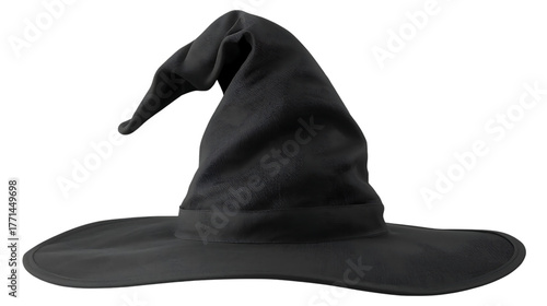 Classic  witch hat with curled tip, realistic fabric texture, isolated on transparent background.