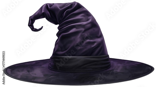 Classic  witch hat with curled tip, realistic fabric texture, isolated on transparent background.
