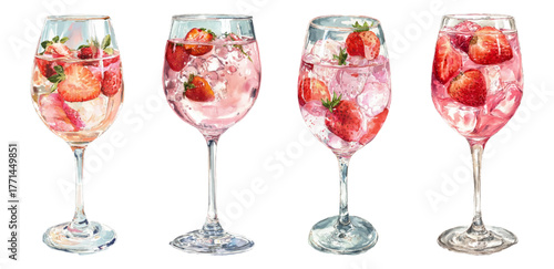 Set of strawberry cocktails in glasses. Refreshing drinks with strawberry and ice. Summer drinks. Whimsical cocktail. Watercolor bar elements.