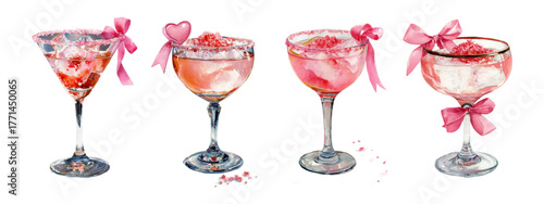 Watercolor set of cocktail glasses. Glasses with pink cocktails topped with sugar, pink bow and hearts. Romantic alcoholic drinks flirty, Valentine etc.Hand drawn whimsical drinks.