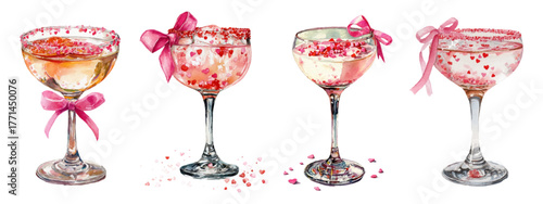 Whimsical watercolor pink cocktails. Glasses with pink drinks decorated with bows. Cute flirty bar elements. Romantic cocktails for Valentine's Day. Hand drawn drinks.