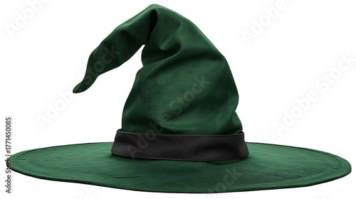 Classic  witch hat with curled tip, realistic fabric texture, isolated on transparent background.