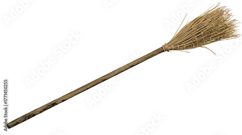 Realistic wooden broomstick with straw bristles, old and rustic, isolated on transparent background