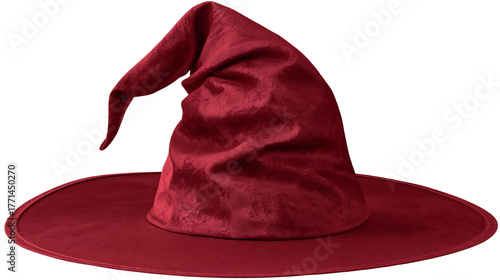 Classic  witch hat with curled tip, realistic fabric texture, isolated on transparent background.
